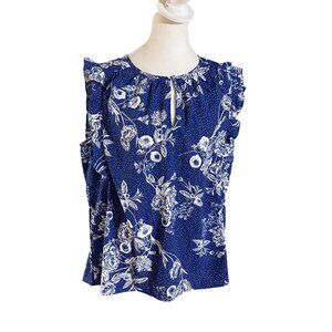 Kaari Blue Floral Sleeveless Ruffle Blouse Size XL